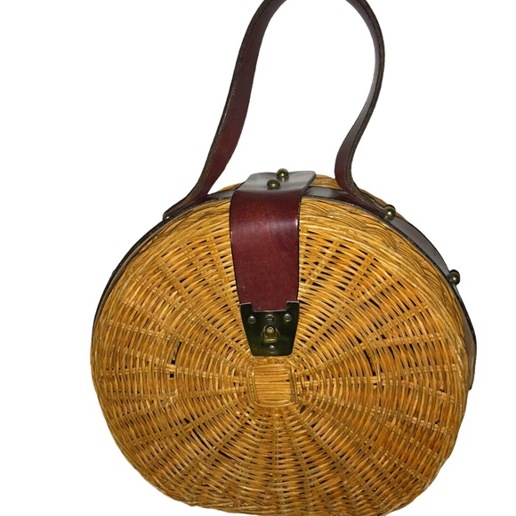 Vintage 60’s Etienne Aigner Large Round Straw Basket Burgundy Leather Trim Tote - Picture 1 of 8